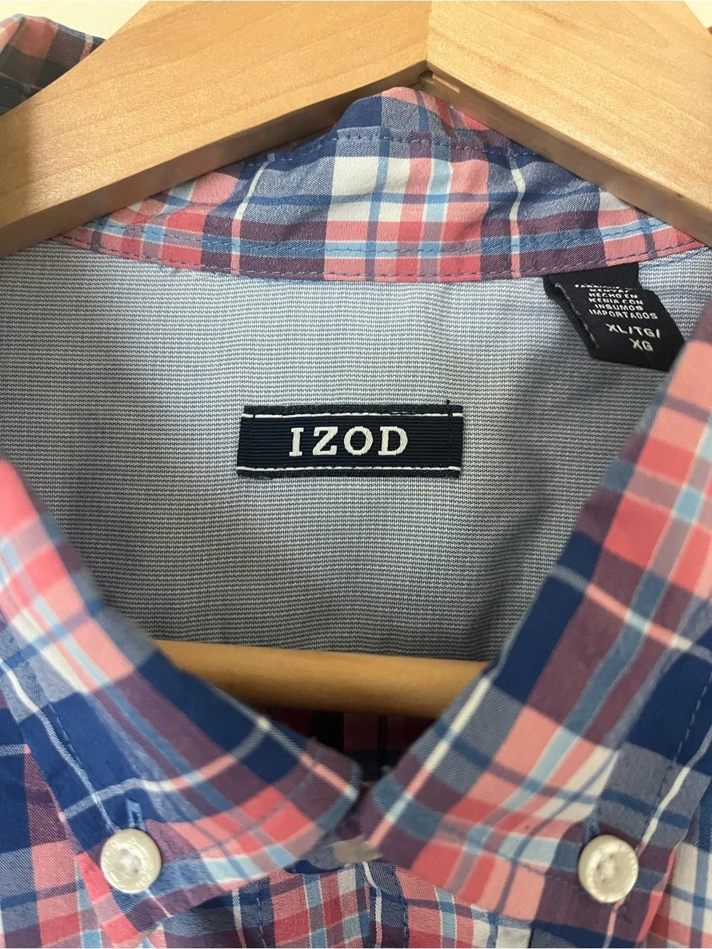 Izod Navy and Pink Plaid Short Sleeve Button-Down Shirt